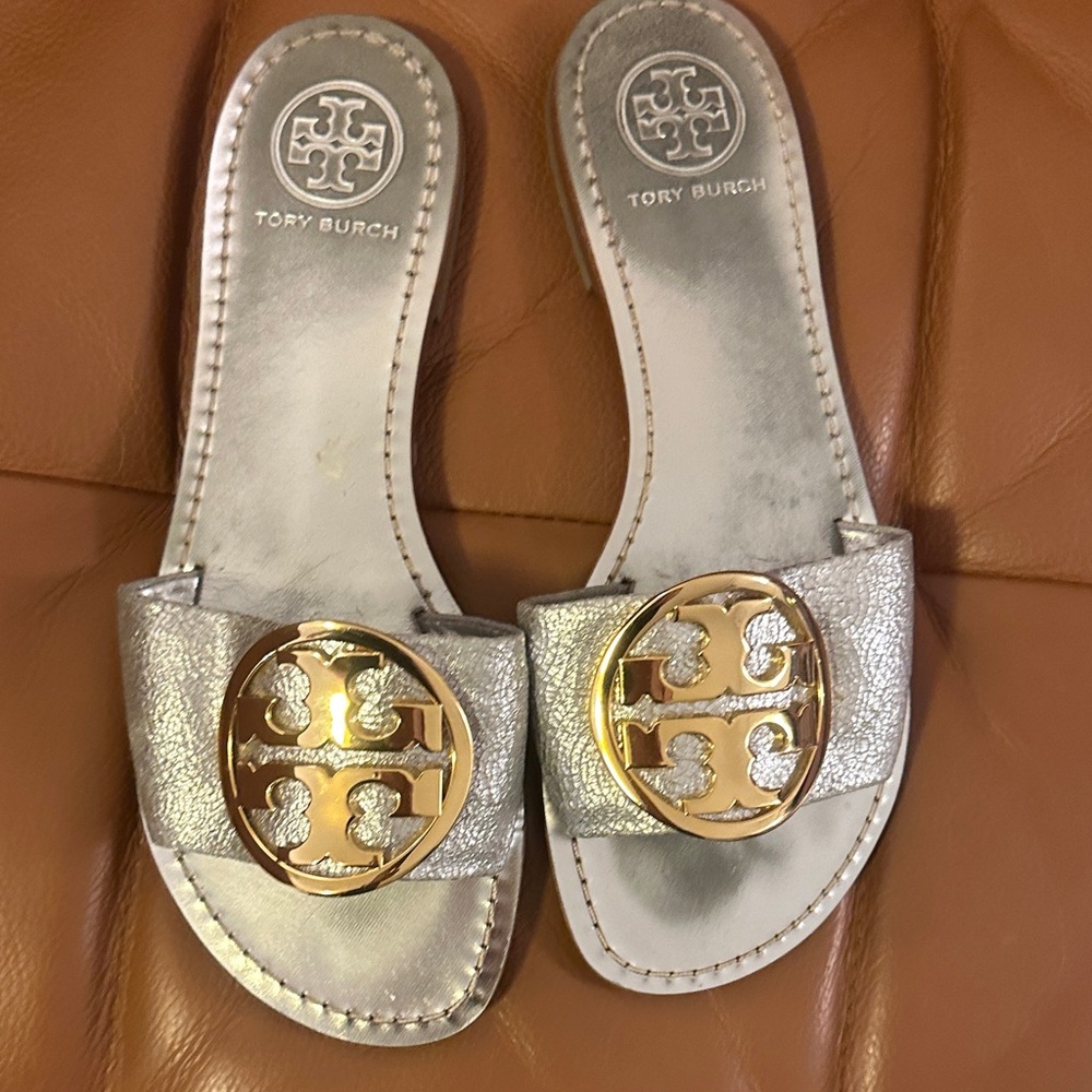Tory Burch Metallic Silver Slide Sandals with Gold Logo